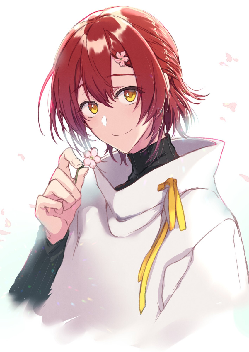 1boy androgynous black_sweater closed_mouth flower hair_flower hair_ornament hanasaki_miyabi highres holding holding_flower holostars looking_at_viewer male_focus pink_flower pochi_(pochi-goya) red_hair short_hair smile solo sweater upper_body white_background yellow_eyes