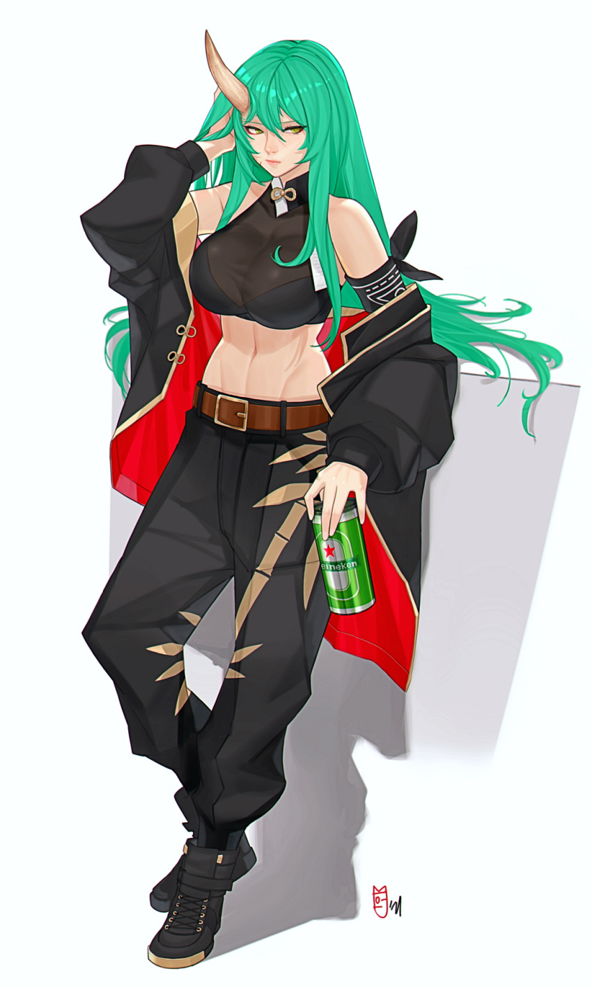 1girl ankle_boots arknights arm_scarf bamboo_print bangs bare_shoulders beer_can belt black_coat black_footwear black_pants black_shirt boots breasts brown_belt can chinese_commentary closed_mouth coat commission covered_collarbone crop_top full_body green_hair groin hair_between_eyes hand_in_hair hand_up heineken highres holding holding_can horns hoshiguma_(arknights) long_hair looking_to_the_side midriff mixed-language_commentary navel off_shoulder oni oni_horns open_clothes open_coat pants see-through shadow shirt sidelocks signature simple_background single_horn sleeveless sleeveless_shirt solo white_background yellow_eyes zcune