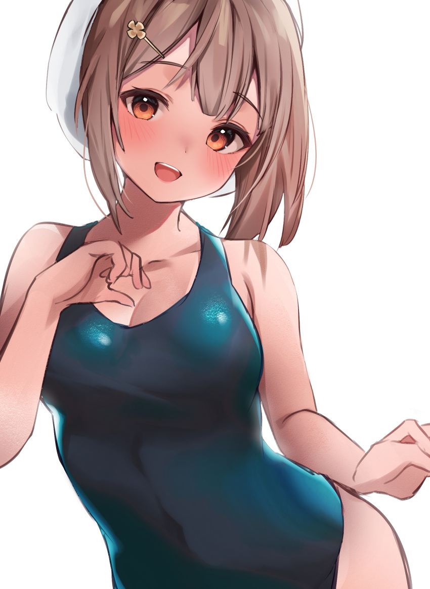 1girl :d azuma_hiryu blush breasts brown_hair cleavage commentary_request covered_navel doodle eyebrows_visible_through_hair hair_ornament hairclip highres long_hair looking_at_viewer open_mouth original red_eyes smile swimsuit white_background