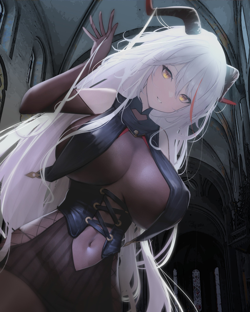 1girl absurdres aegir_(azur_lane) arm_up azur_lane bangs bare_shoulders bbolalus black_cape bodystocking breast_curtains breasts cape cathedral clothing_cutout demon_horns dutch_angle highres horns indoors large_breasts long_hair multicolored_hair navel navel_cutout pale_skin streaked_hair very_long_hair white_hair yellow_eyes