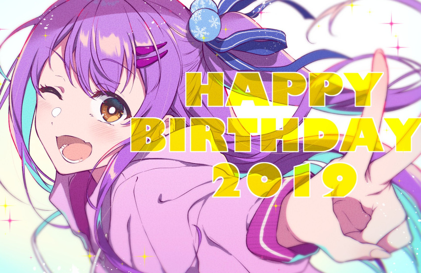 1girl 2019 :d anzu_channel blue_hair blue_ribbon blush bright_pupils brown_eyes colored_inner_hair dated fingernails from_side hair_ornament hair_ribbon hairclip happy_birthday highres hinomori_anzu hood hood_down hoodie long_sleeves looking_at_viewer looking_to_the_side multicolored_hair one_eye_closed open_mouth pink_hoodie pochi_(pochi-goya) purple_hair ribbon smile solo sparkle upper_body v white_pupils