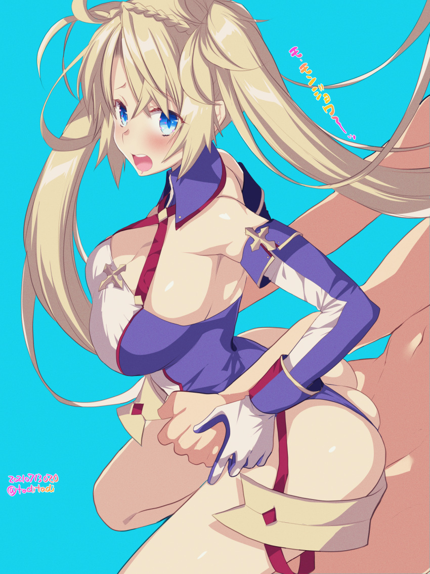 1boy 1girl ass bangs bare_shoulders blonde_hair blue_background blue_eyes blue_gloves blue_leotard blush bradamante_(fate) braid breasts cleavage clothed_female_nude_male clothed_sex crown_braid elbow_gloves fate/grand_order fate_(series) faulds gloves hetero highleg highleg_leotard highres large_breasts leotard long_hair looking_at_viewer nude open_mouth sex skindentation standing standing_sex tajima_yoshikazu thigh_strap thighs translation_request twintails two-tone_gloves two-tone_leotard very_long_hair white_gloves white_leotard