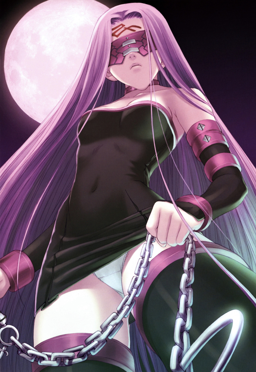 1girl absurdres armpits bare_shoulders black_dress blindfold breasts chain collar collarbone detached_sleeves dress facing_viewer fate/stay_night fate_(series) from_below highres long_hair medium_breasts medusa_(fate) medusa_(rider)_(fate) navel panties pantyshot purple_hair scan solo strapless strapless_dress thighhighs tony_taka underwear very_long_hair
