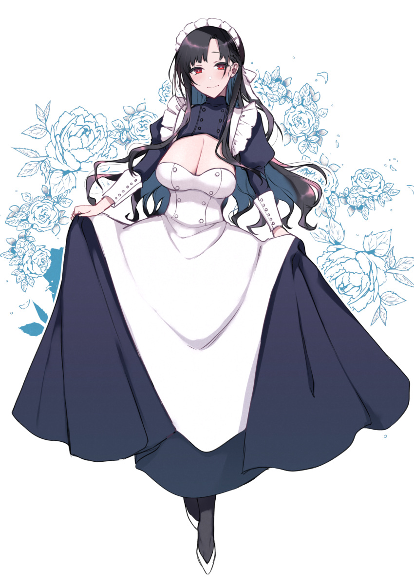 1girl apron black_dress black_hair black_legwear breasts bright_pupils buttons cleavage closed_mouth colored_inner_hair double-breasted dress highres juliet_sleeves large_breasts long_dress long_hair long_sleeves looking_at_viewer maid maid_headdress making-of_available multicolored_hair original pantyhose pochi_(pochi-goya) puffy_sleeves red_eyes shoes skirt_hold smile solo white_apron white_footwear white_pupils