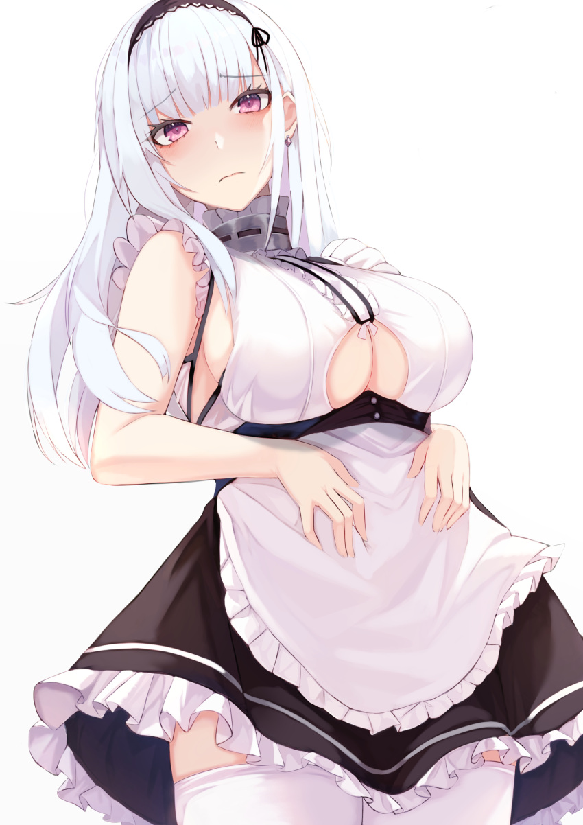 1girl absurdres apron azur_lane blue_hair blush breasts closed_mouth dido_(azur_lane) eyebrows_visible_through_hair from_behind hairband highres kazuha_(saku_kn) large_breasts long_hair looking_at_viewer maid maid_apron purple_eyes solo standing thighhighs underboob unhappy white_background white_legwear