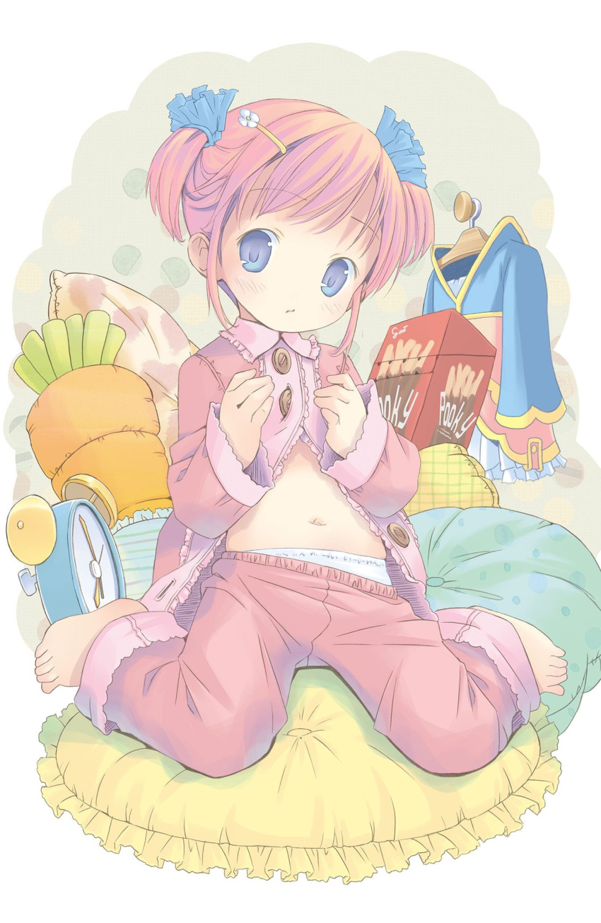 1girl belly blue_eyes blush buttons clock flat_chest flower hair_ornament hairpin highres kneeling long_sleeves marl_(project_witch) midriff navel open_clothes pajamas panties pantyshot pillow pop_(electromagneticwave) project_witch red_hair scrunchie short_hair short_twintails solo twintails unbuttoned underwear white_panties