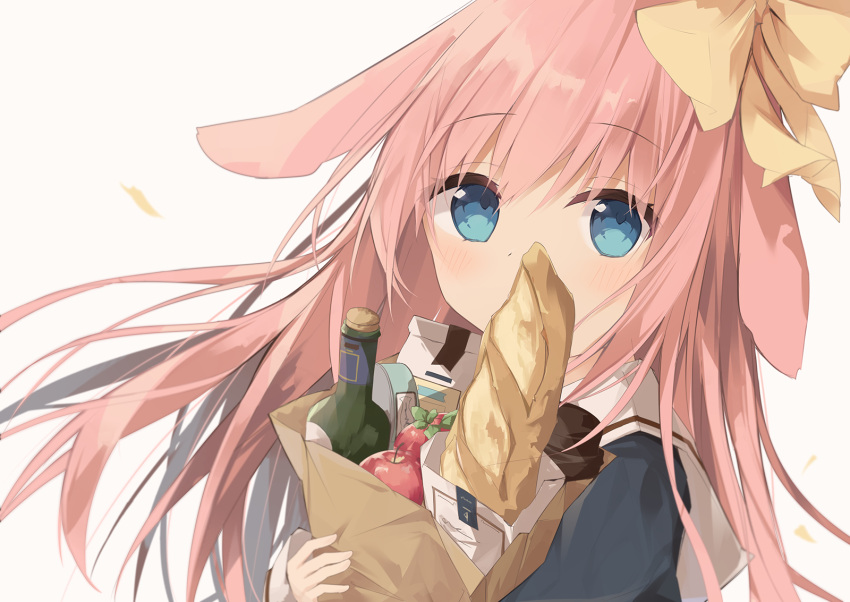 1girl animal_ears apple bag baguette bangs black_jacket blue_eyes blush bottle bow bread brown_background bunny_ears commentary_request covered_mouth eyebrows_visible_through_hair food fruit grocery_bag hair_between_eyes hair_bow highres jacket kushida_you long_hair long_sleeves looking_at_viewer milk_carton object_hug original paper_bag pink_hair red_apple shopping_bag simple_background sleeves_past_wrists solo upper_body very_long_hair yellow_bow