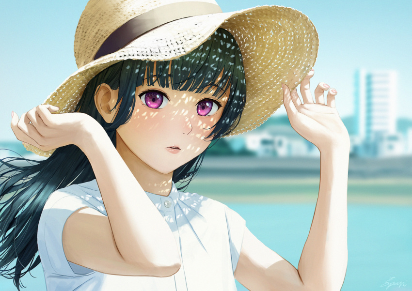 1girl arms_up bangs black_hair blunt_bangs blurry blurry_background blush commentary dappled_sunlight day depth_of_field english_commentary hands_on_headwear hat long_hair love_live! love_live!_sunshine!! outdoors papi_(papiron100) parted_lips shirt short_sleeves solo sun_hat sunlight tsushima_yoshiko upper_body white_shirt yellow_headwear