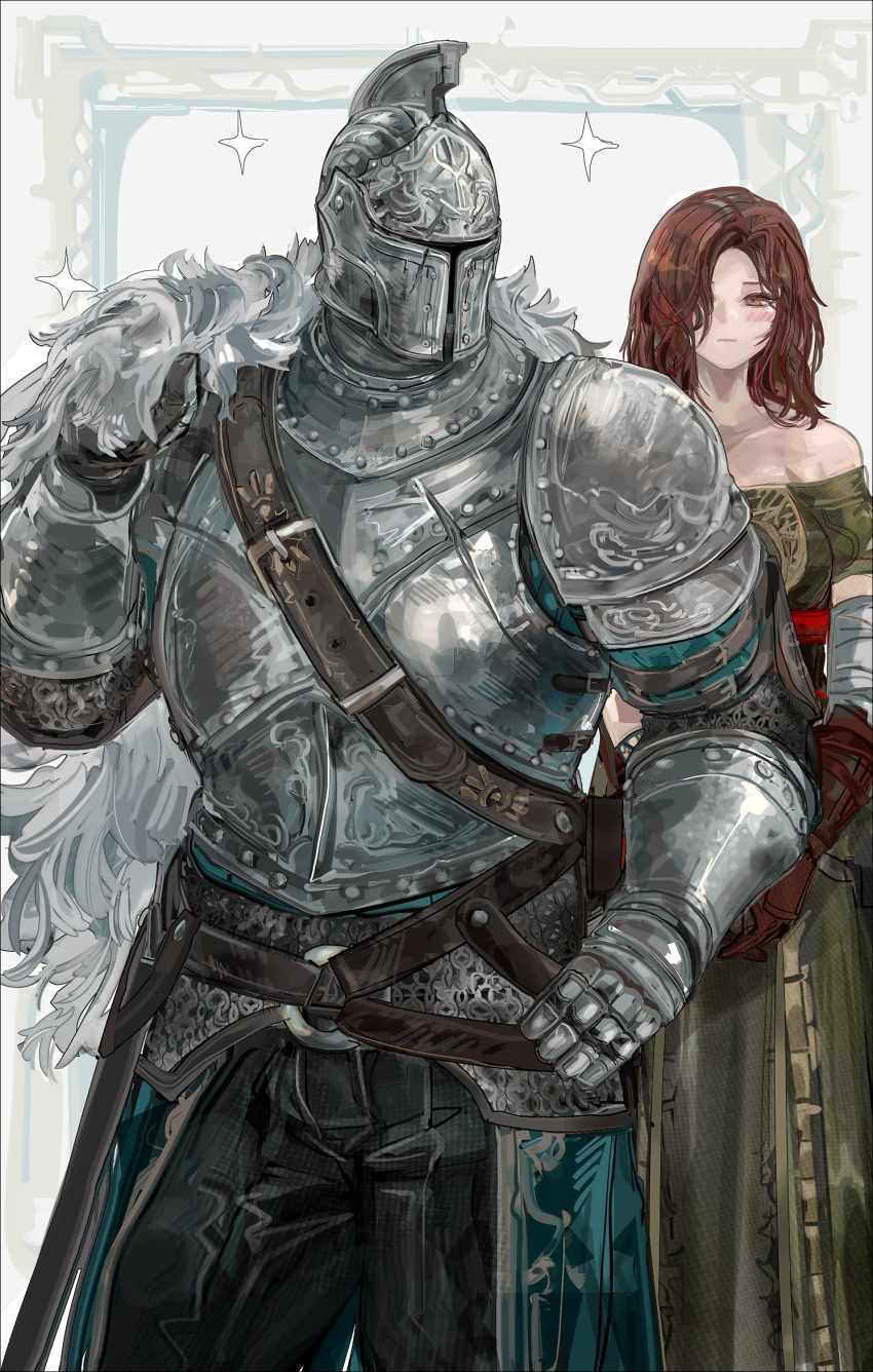 1girl 1other armor bare_shoulders bearer_of_the_curse belt blush brown_eyes brown_hair cape cloak dark_souls_ii dress emerald_herald full_armor fur_trim gauntlets gloves hair_over_one_eye helmet highres long_hair looking_at_another nslacka souls_(series) sparkle standing