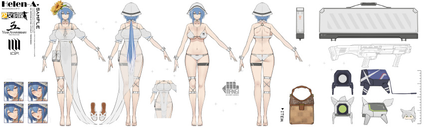 1girl bare_arms bare_shoulders barefoot bikini blue_hair blush breasts character_sheet dp-12_(girls'_frontline) full_body girls'_frontline grey_eyes gun highres large_breasts long_hair navel official_alternate_costume pandea_work ponytail see-through smile swimsuit thick_thighs thigh_strap thighs weapon