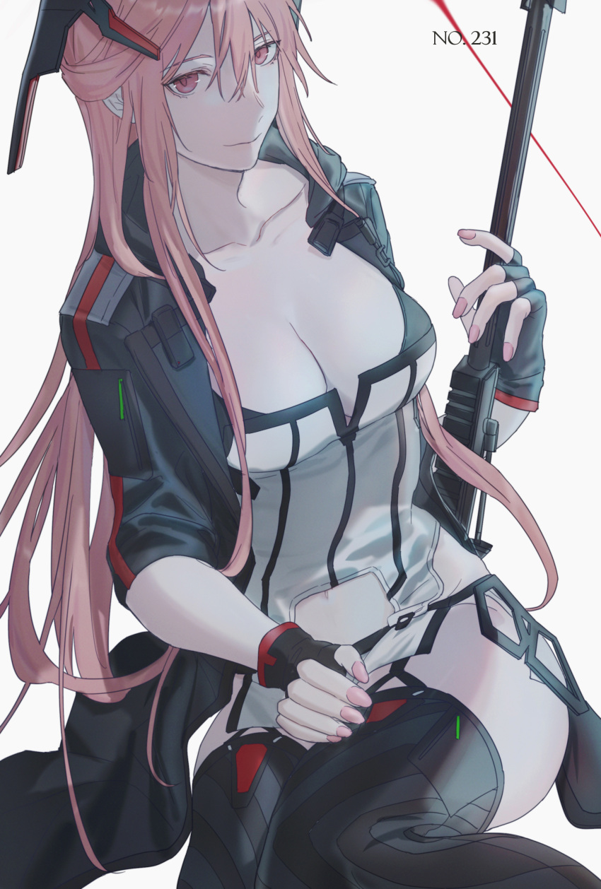 1girl absurdres anti-materiel_rifle barrett_m82 black_jacket black_legwear breasts cleavage closed_mouth codex207 collarbone eyebrows_visible_through_hair girls'_frontline gun highres holding holding_weapon jacket long_hair looking_at_viewer m82a1_(girls'_frontline) medium_breasts nail_polish pink_eyes pink_hair pink_nails rifle sitting sniper_rifle solo thighhighs weapon white_background