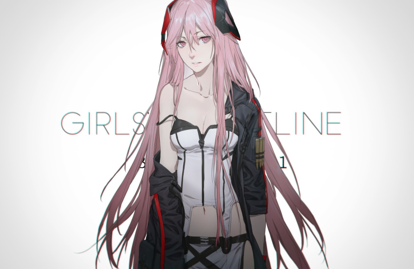 1girl black_jacket breasts cartridge cleavage closed_mouth codex207 collarbone copyright_name dress eyebrows_visible_through_hair feet_out_of_frame girls'_frontline highres jacket jacket_pull long_hair looking_at_viewer m82a1_(girls'_frontline) navel pink_eyes pink_hair small_breasts solo standing white_background