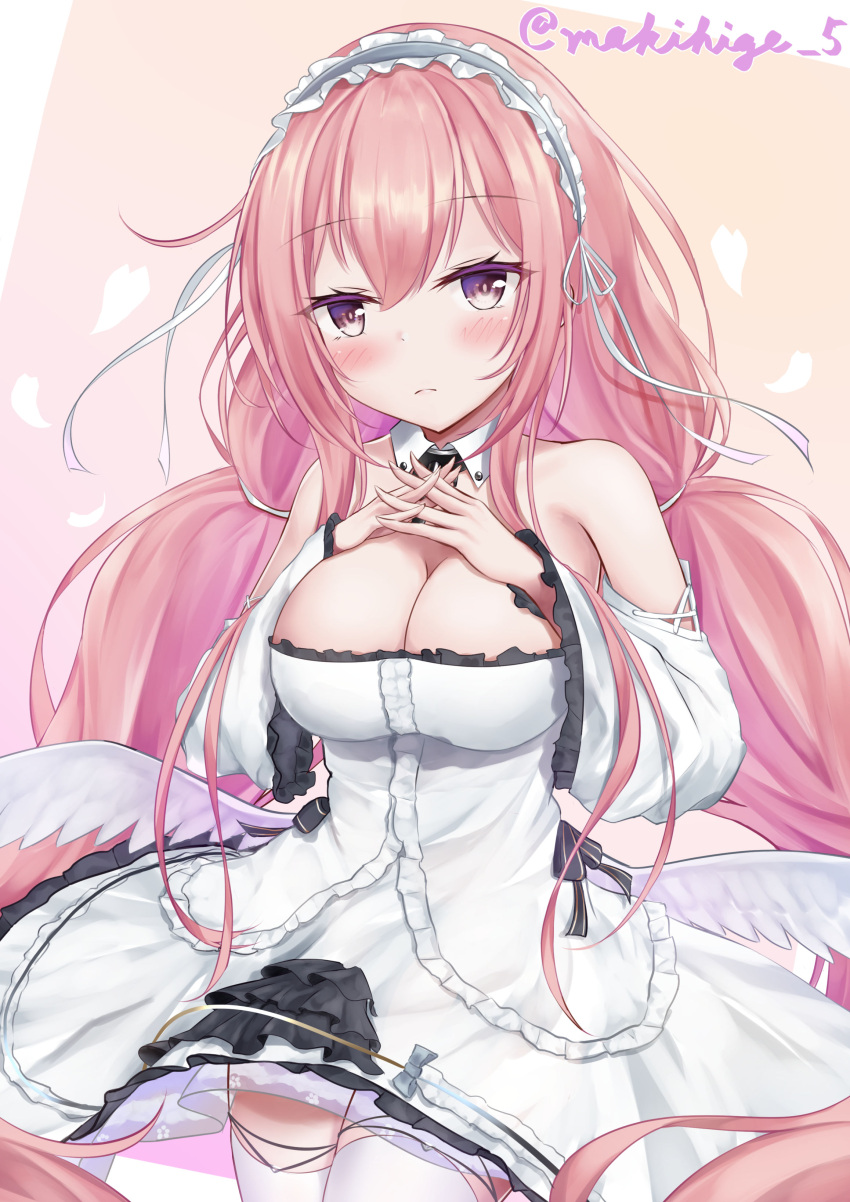 1girl absurdres artist_name azur_lane bare_shoulders breasts center_frills clothing_cutout detached_collar dress eyebrows_visible_through_hair feathered_wings frilled_dress frills highres large_breasts long_hair looking_at_viewer makihige perseus_(azur_lane) pink_hair shoulder_cutout simple_background solo thighhighs very_long_hair white_legwear white_theme wide_sleeves wings