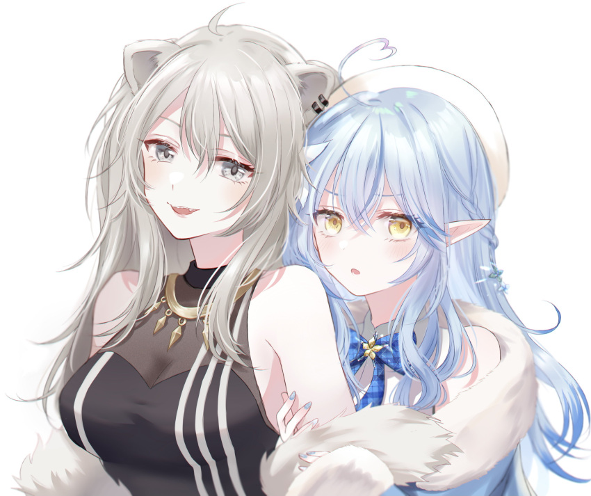 2girls :o absurdres animal_ears bangs blue_bow blue_hair blue_jacket bow breasts collared_shirt elf fang fur_trim grey_eyes grey_hair hair_between_eyes halter_top halterneck heart_hair highres holding_another's_arm hololive jacket lion_ears lion_girl long_hair medium_breasts multiple_girls off_shoulder open_mouth pointy_ears shirt shishiro_botan smile sui_(camellia) upper_body virtual_youtuber white_shirt yellow_eyes yukihana_lamy