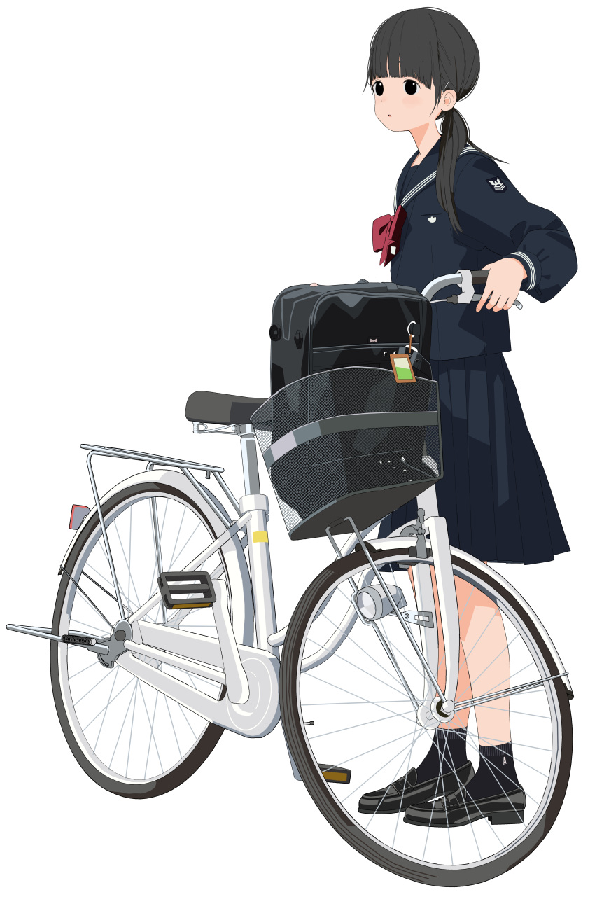 1girl absurdres backpack backpack_removed bag bangs bicycle black_eyes black_footwear black_hair black_legwear black_sailor_collar blunt_bangs full_body ground_vehicle hair_ornament hairclip highres kumanoi_(nichols) loafers neckerchief original pleated_skirt ponytail red_neckwear sailor_collar school_uniform serafuku shoes skirt socks solo walking_bike white_background