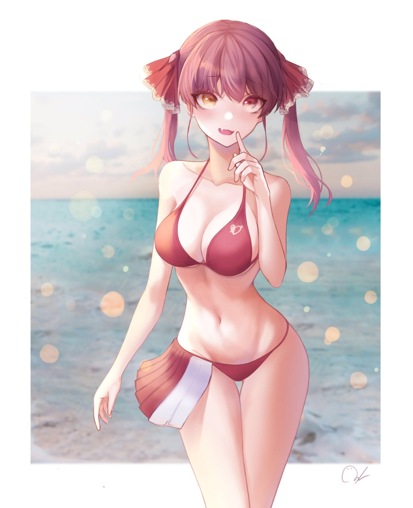 1girl blurry blush bokeh border breasts cleavage depth_of_field fang finger_to_mouth groin hair_ribbon heterochromia highres hololive houshou_marine large_breasts looking_at_viewer navel no_eyepatch oni0417 outside_border red_eyes red_hair red_ribbon ribbon solo stomach swimsuit thigh_gap twintails virtual_youtuber white_border yellow_eyes