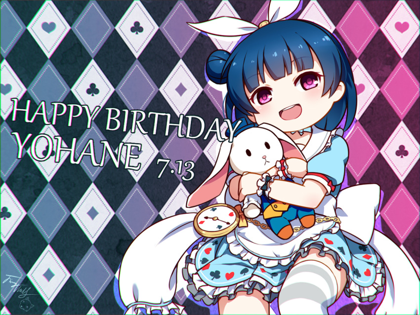 1girl :d alice_(alice_in_wonderland) alice_(alice_in_wonderland)_(cosplay) alice_in_wonderland bangs blue_dress blue_hair blue_headwear club_(shape) commentary_request cosplay dated diamond_(shape) dress eyebrows_visible_through_hair feet_out_of_frame frilled_dress frilled_sailor_collar frills hair_bun hair_ribbon happy_birthday hat head_tilt heart langbazi looking_at_viewer love_live! love_live!_sunshine!! mini_hat object_hug open_mouth pocket_watch puffy_short_sleeves puffy_sleeves purple_eyes ribbon sailor_collar sailor_dress short_sleeves side_bun signature smile solo spade_(shape) striped striped_legwear stuffed_animal stuffed_bunny stuffed_toy thighhighs tsushima_yoshiko upper_teeth watch white_rabbit_(alice_in_wonderland) white_ribbon white_sailor_collar