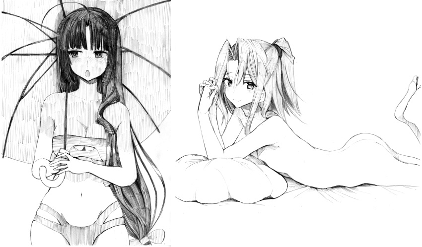 2girls absurdres ass bangs bed_sheet bikini blunt_bangs blush bow breasts cleavage greyscale hair_bow highres holding holding_umbrella kantai_collection large_breasts long_hair looking_at_viewer low-tied_long_hair lying monochrome multiple_girls nude on_stomach open_mouth pillow ponytail shouhou_(kancolle) simple_background small_breasts smile swimsuit traditional_media tsuji_kazuho umbrella zuihou_(kancolle)