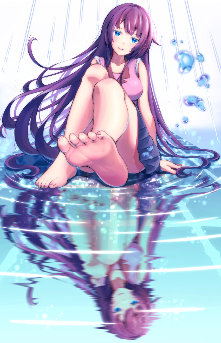 1girl absurdres arm_support bad_feet bakemonogatari bangs bare_legs barefoot blue_eyes blue_skirt blush breasts commentary_request eyebrows_visible_through_hair feet foreshortening head_tilt highres huge_filesize knees_together_feet_apart legs long_hair looking_at_viewer medium_breasts monogatari_(series) naoetsu_high_school_uniform open_mouth pink_nails pink_shirt pleated_skirt poka_poka_neko purple_hair rain reflection reflective_water ripples school_uniform senjougahara_hitagi shadow shiny shiny_clothes shiny_hair shirt short_sleeves sidelocks sitting_on_liquid skirt sleeves_rolled_up solo swept_bangs thighs toenail_polish toes very_long_hair water water_surface