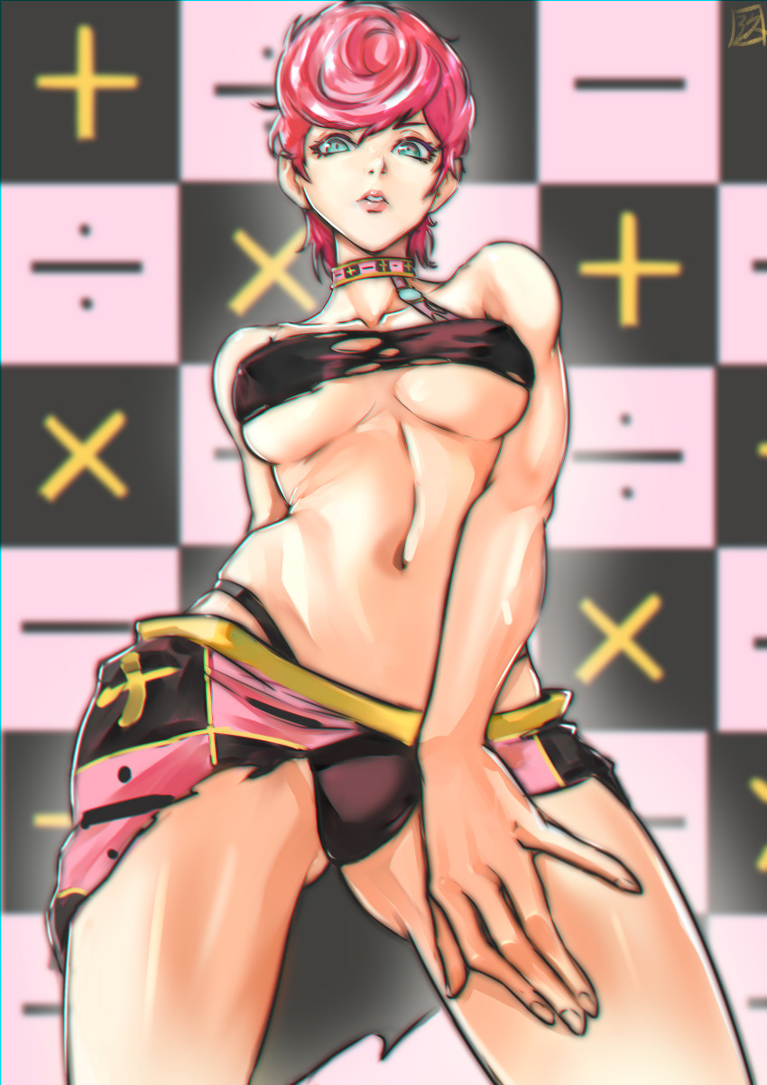 1girl absurdres bare_shoulders breasts choker commentary_request green_eyes highres jojo_no_kimyou_na_bouken kyuuakaku looking_at_viewer medium_breasts navel parted_lips pink_hair short_hair solo symbol thighs trish_una underboob vento_aureo