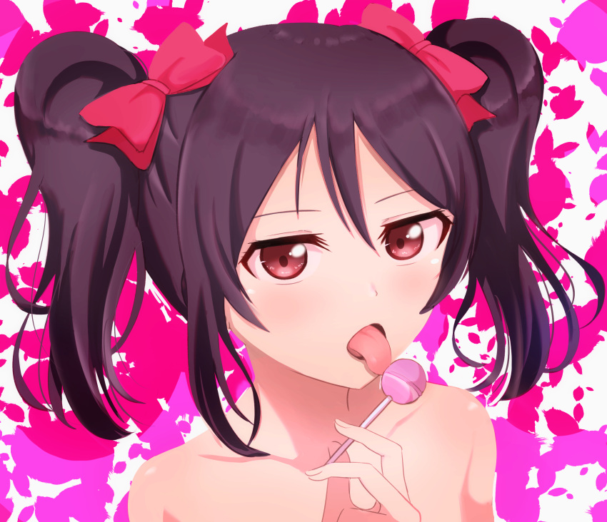 1girl black_hair bow candy food hair_bow highres licking lollipop looking_at_viewer love_live! nude open_mouth red_eyes saliva solo tongue tongue_out twintails wewe yazawa_nico