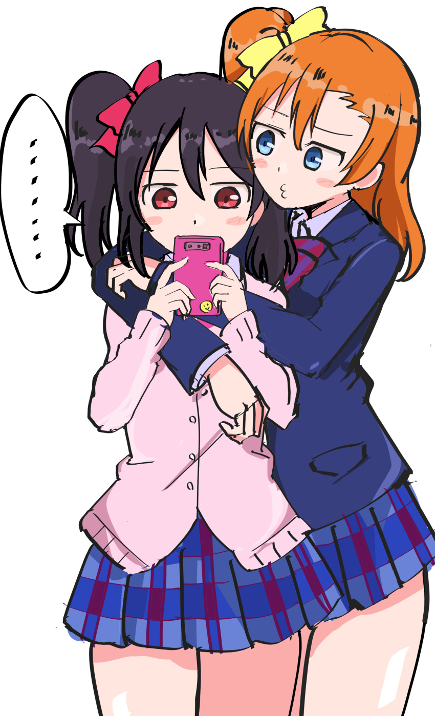 ... 2girls :3 absurdres arms_around_neck black_hair blazer blue_eyes blush_stickers bow cellphone check_commentary commentary_request hair_bow hands_on_another's_shoulders highres holding holding_phone jacket kousaka_honoka love_live! love_live!_school_idol_project miniskirt multiple_girls orange_hair phone pleated_skirt red_eyes school_uniform side_ponytail simple_background skirt smartphone speech_bubble thighs wewe white_background yazawa_nico