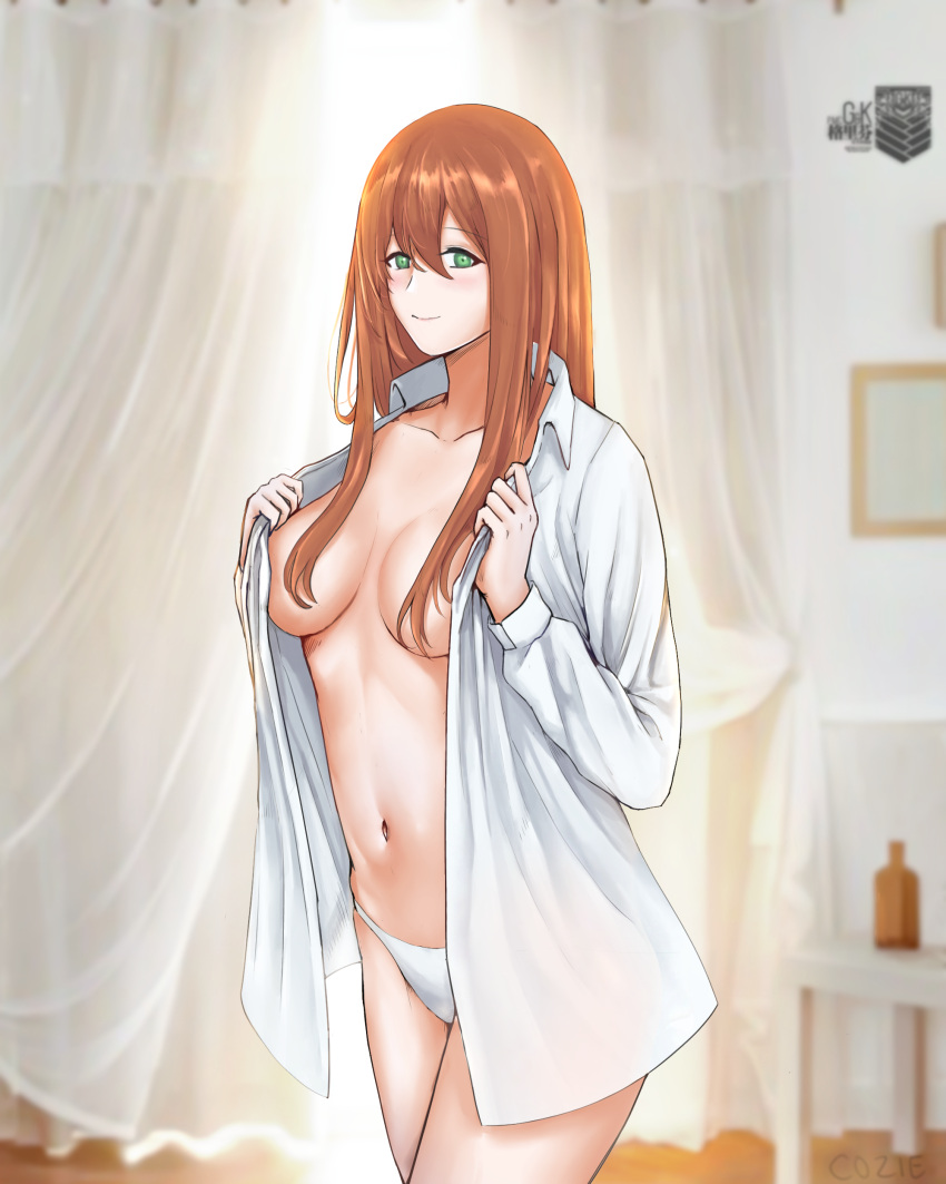 1girl absurdres artist_name blush breasts closed_mouth collarbone cozie178 eyebrows_visible_through_hair feet_out_of_frame girls'_frontline green_eyes highres holding holding_clothes holding_shirt long_hair looking_at_viewer medium_breasts navel no_bra open_clothes open_shirt orange_hair panties shirt simple_background smile solo springfield_(girls'_frontline) standing sunlight table underwear white_panties white_shirt