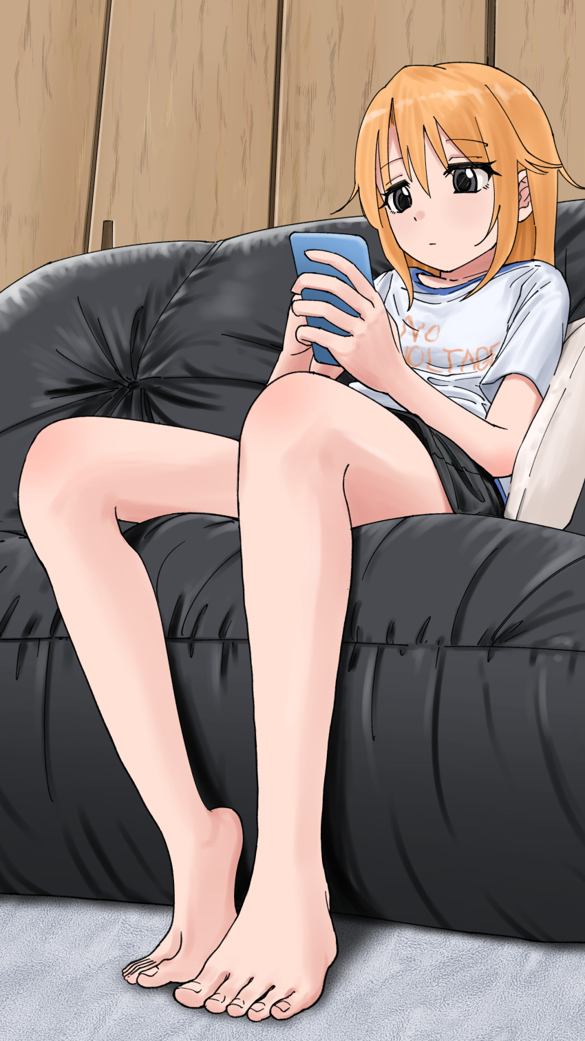 1girl absurdres bare_legs barefoot black_eyes black_shorts blonde_hair couch expressionless highres holding holding_phone idolmaster idolmaster_cinderella_girls indoors inu_chikushou phone print_shirt shirt short_sleeves shorts sitting solo thighs toes watching yuuki_haru