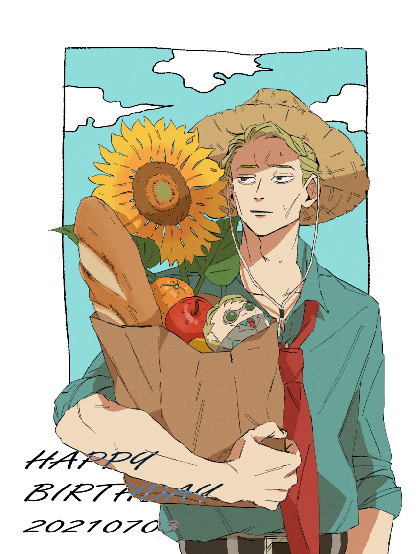 1boy apple bag baguette belt blonde_hair blue_shirt blue_sky border bread character_doll closed_mouth cloud collarbone commentary_request dated english_text flower food fruit grocery_bag hand_on_hip happy_birthday hat highres jujutsu_kaisen leaf loose_necktie male_focus mimaru_(mimaruramim) nanami_kento necktie orange_(food) red_neckwear shirt shopping_bag short_hair sky sleeves_rolled_up solo straw_hat sunflower sweat upper_body white_border