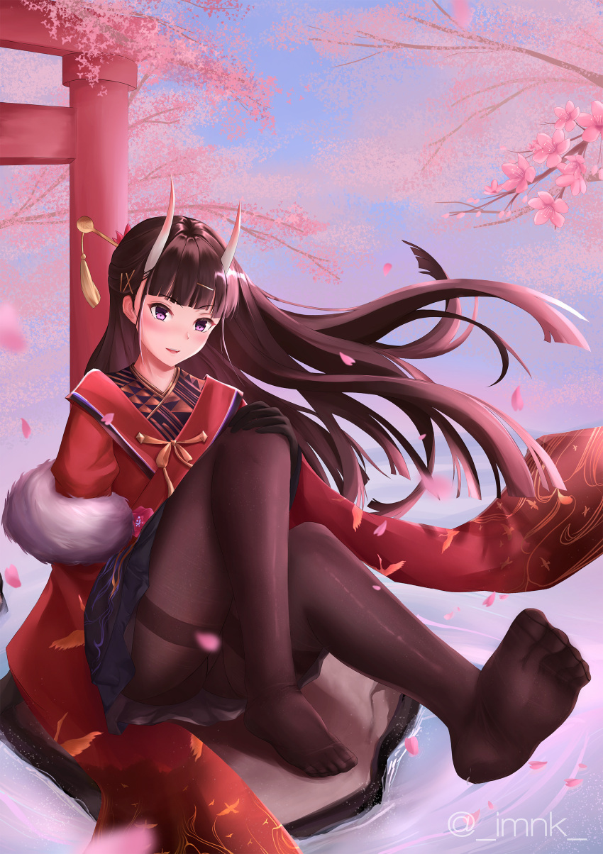 1girl absurdres architecture artist_name azur_lane bangs black_gloves black_hair black_legwear blush cherry_blossoms east_asian_architecture eyebrows_visible_through_hair fur gloves hand_on_own_knee highres horns iamnk japanese_clothes long_hair looking_at_viewer no_shoes noshiro_(azur_lane) noshiro_(uncharted_festival_grounds?)_(azur_lane) official_alternate_costume pantyhose petals purple_eyes sitting soles solo thighs water