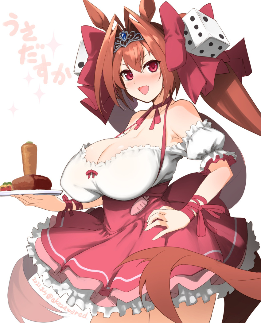 1girl :d akazawa_red animal_ears bare_shoulders bow breasts carrot choker cleavage collarbone commentary_request cosplay daiwa_scarlet_(umamusume) di_gi_charat dice_hair_ornament eyebrows_visible_through_hair hair_bow hair_ornament hand_on_hip highres holding holding_plate horse_ears horse_girl horse_tail large_breasts long_hair looking_at_viewer open_mouth plate red_bow red_choker red_eyes red_hair red_ribbon ribbon ribbon_choker simple_background smile solo tail thighs tiara twintails twitter_username umamusume usada_hikaru usada_hikaru_(cosplay) usada_pekora white_background