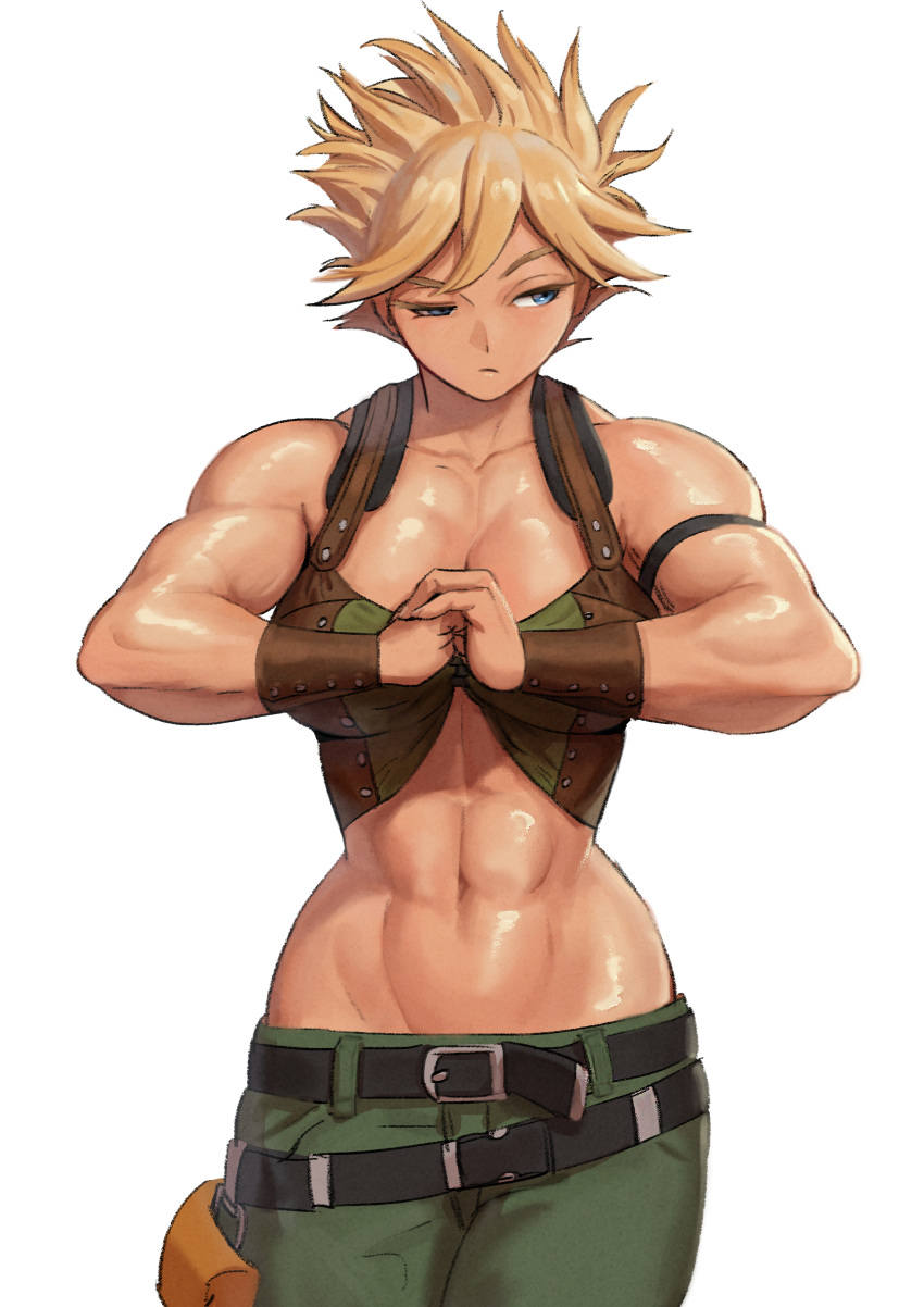 1girl abs absurdres belt biceps black_belt blonde_hair bloody_roar blue_eyes cowboy_shot expressionless green_pants highres jeanne_gado midriff muscular muscular_female narrow_waist navel nutro pants short_hair simple_background solo white_background