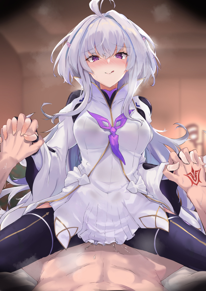 1boy 1girl absurdres ahoge bangs black_gloves black_pants blush breasts clothed_female_nude_male clothed_sex command_spell eyebrows_visible_through_hair fate/grand_order fate/prototype fate_(series) fingerless_gloves girl_on_top gloves hetero highres holding_hands interlocked_fingers kazami_chiu licking_lips long_hair long_sleeves looking_at_viewer medium_breasts merlin_(fate/prototype) nude pants purple_eyes pussy_juice robe sex smile straddling thighs tongue tongue_out vaginal very_long_hair white_hair white_robe wide_sleeves