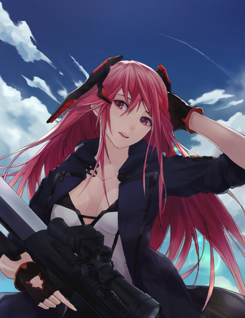 1girl anti-materiel_rifle bangs barrett_m82 black_gloves blue_jacket blue_sky breasts cloud collarbone eyebrows_visible_through_hair fingerless_gloves from_behind girls'_frontline gloves gun hand_in_hair highres holding holding_weapon jacket long_hair looking_at_viewer m82a1_(girls'_frontline) medium_breasts ne.corn open_clothes open_jacket open_mouth pink_eyes pink_hair rifle sky sniper_rifle solo weapon