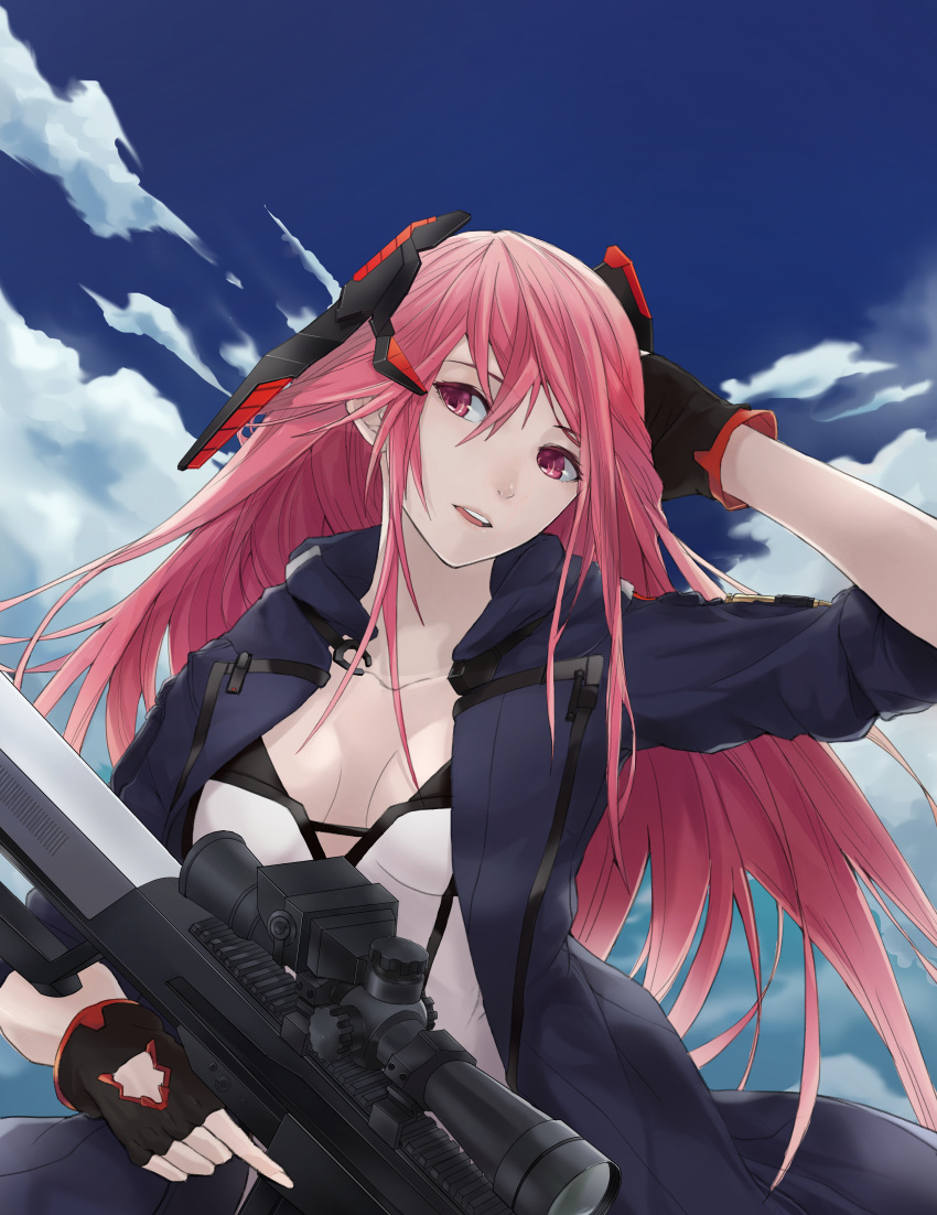 1girl absurdres anti-materiel_rifle bangs barrett_m82 black_gloves blue_jacket blue_sky breasts cloud collarbone eyebrows_visible_through_hair fingerless_gloves from_behind girls'_frontline gloves gun hand_in_hair highres holding holding_weapon jacket long_hair looking_at_viewer m82a1_(girls'_frontline) medium_breasts ne.corn open_clothes open_jacket open_mouth pink_eyes pink_hair rifle sky sniper_rifle solo weapon