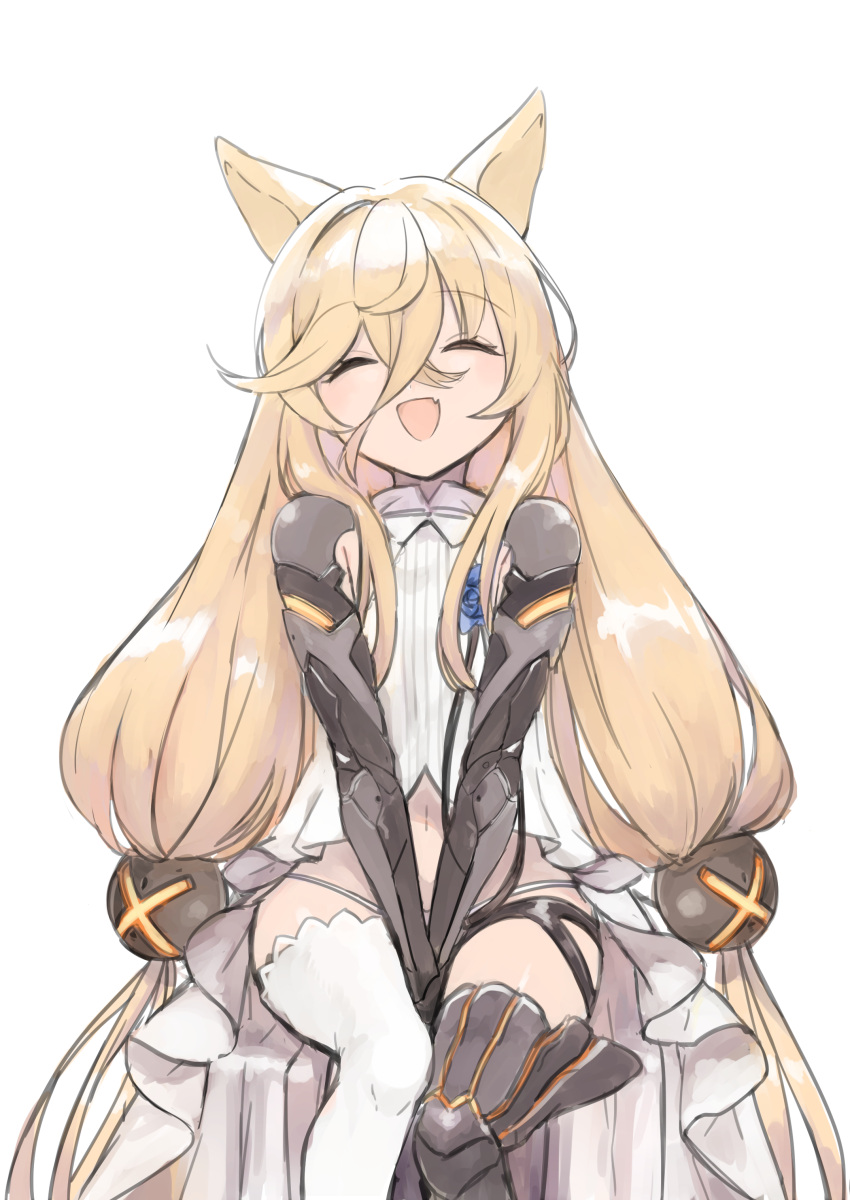 1girl 4410_(kanimiso) :d absurdres animal_ears bangs between_legs blonde_hair closed_eyes commentary_request dress fang g41_(girls'_frontline) girls'_frontline hair_between_eyes hair_ornament hand_between_legs highres long_hair mechanical_arms mechanical_legs navel open_mouth panties single_mechanical_leg single_thighhigh sitting skin_fang smile solo thighhighs twintails underwear very_long_hair white_background white_dress white_panties