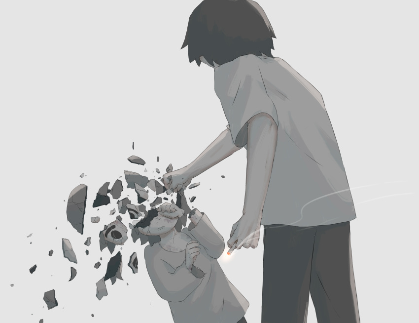 2boys absurdres avogado6 black_hair black_pants broken child child_abuse cigarette commentary_request cracked_skin father_and_son from_side grey_background grey_shirt highres holding holding_cigarette multiple_boys original pants punching shirt simple_background smoke standing tears white_shirt