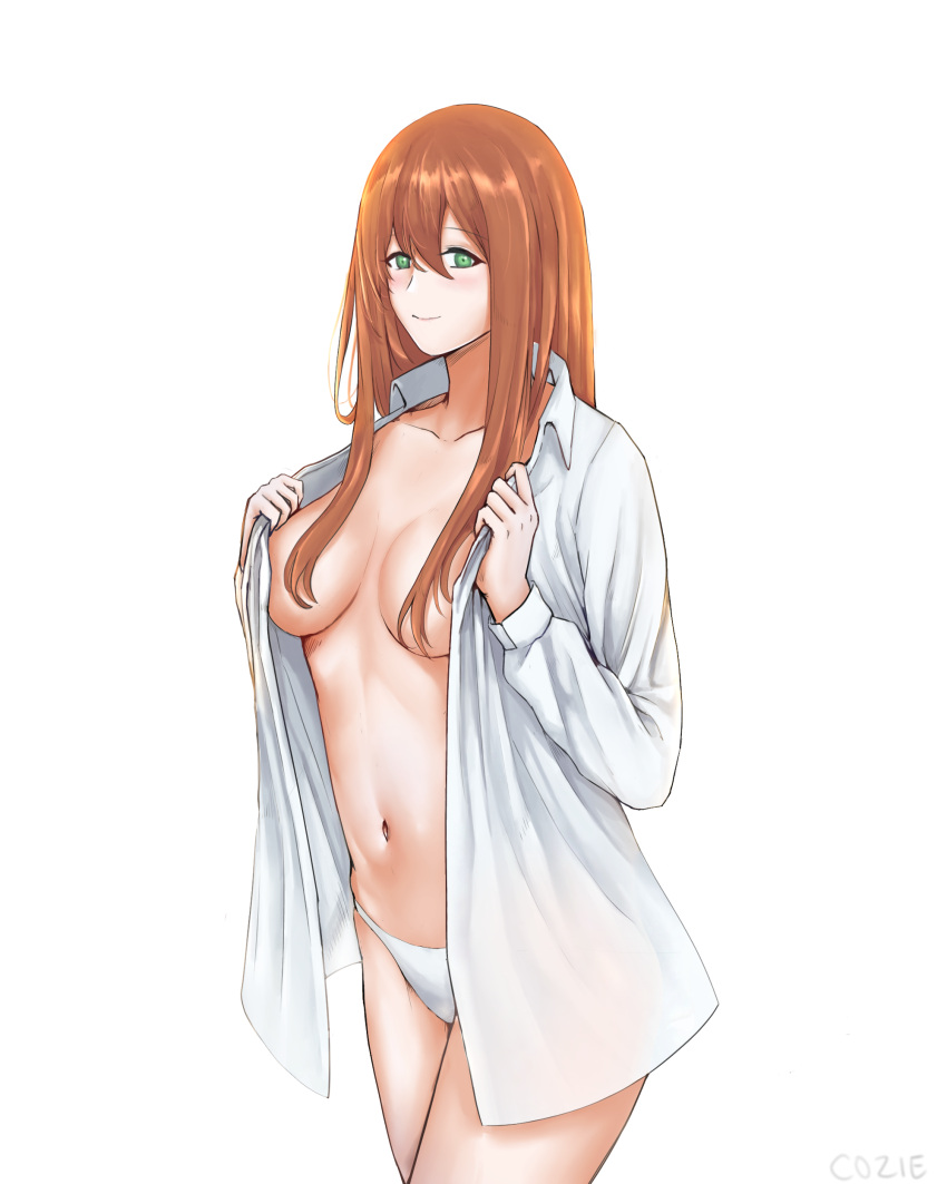 1girl absurdres blush breasts closed_mouth collarbone cozie178 eyebrows_visible_through_hair feet_out_of_frame girls'_frontline green_eyes highres holding holding_clothes holding_shirt long_hair looking_at_viewer medium_breasts navel no_bra open_clothes open_shirt orange_hair panties shirt smile solo springfield_(girls'_frontline) standing underwear white_background white_panties white_shirt
