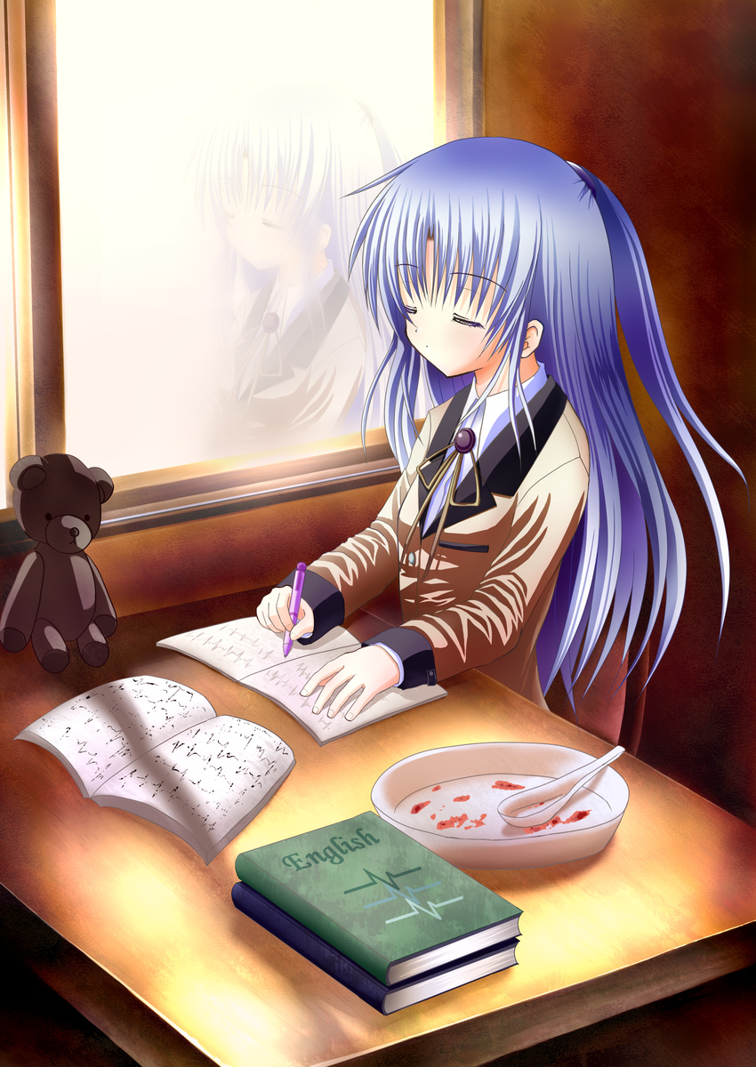 absurdres angel_beats! bad_id bad_pixiv_id blue_hair book closed_eyes highres kotsu long_hair plate reflection school_uniform solo stuffed_animal stuffed_toy teddy_bear tenshi_(angel_beats!) window