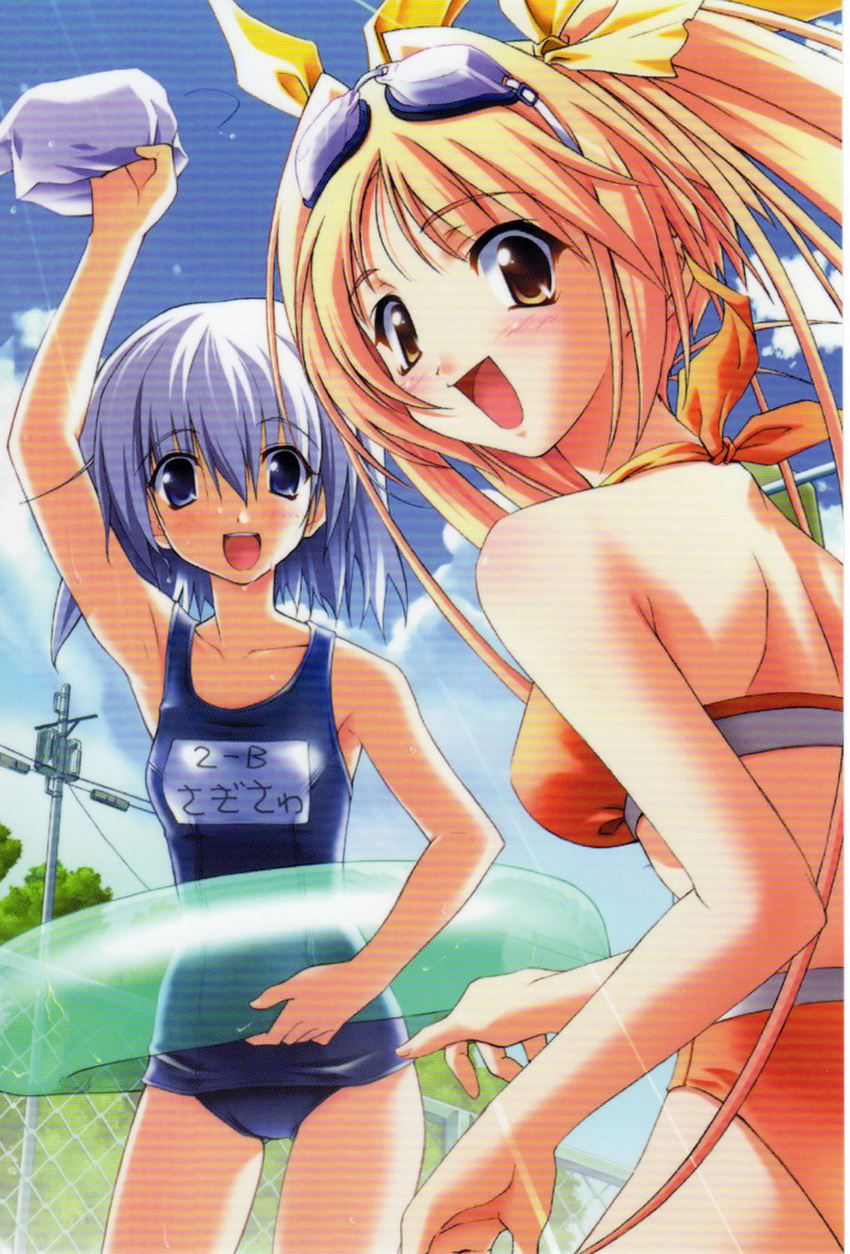 :d armpits artist_request back bikini blonde_hair blue_eyes blue_hair blush chain-link_fence day fence goggles goggles_on_head hair_ribbon highres innertube long_hair looking_at_viewer looking_back memories_off multiple_girls name_tag nonohara_haya one-piece_swimsuit open_mouth outdoors poolside power_lines ribbon sagisawa_yukari scan scan_artifacts school_swimsuit short_hair sky smile swim_cap swimsuit telephone_pole transformer twintails very_long_hair waving wet yellow_eyes