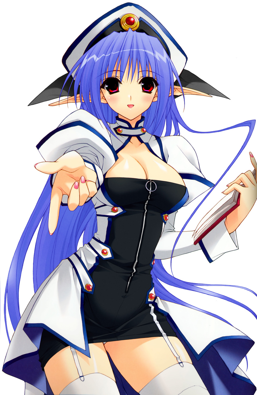 absurdres blue_hair breasts cleavage copyright_request highres large_breasts long_hair nail_polish panties pink_nails pointy_ears red_eyes solo suzuhira_hiro thighhighs underwear