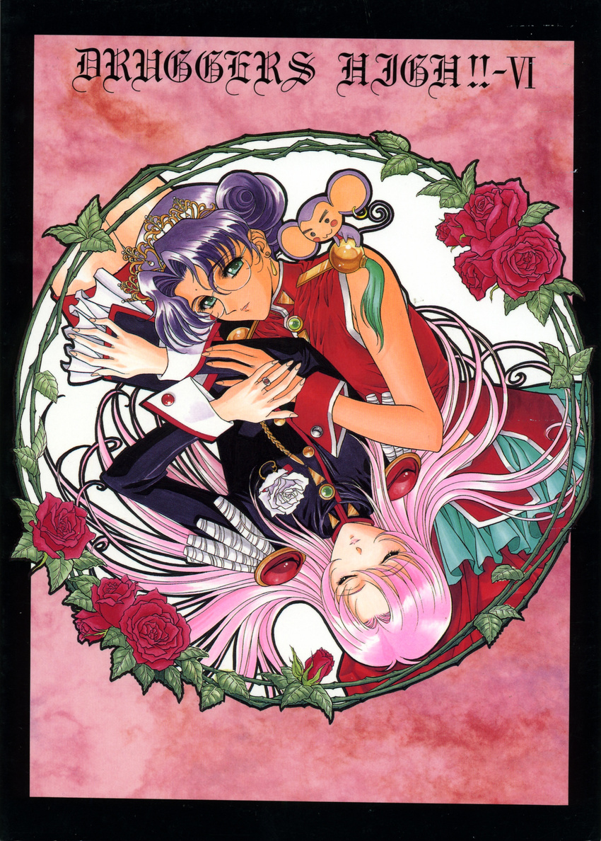 absurdres aiguillette artist_request chu_chu_(shoujo_kakumei_utena) dark_skin dress epaulettes flower glasses green_eyes highres himemiya_anthy long_hair multiple_girls pink_hair purple_hair rose shoujo_kakumei_utena tenjou_utena