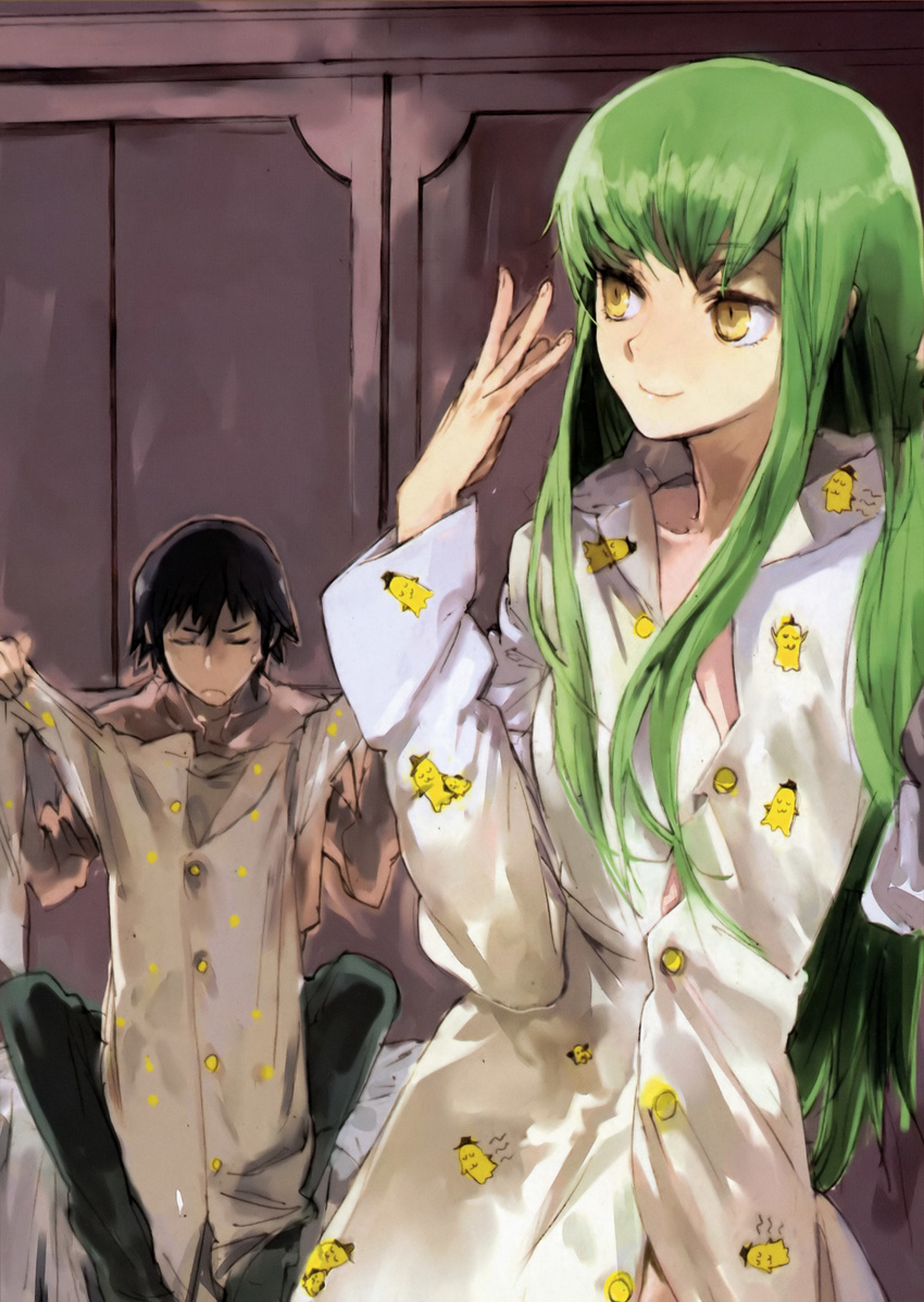 1girl absurdres black_hair c.c. cheese-kun closed_eyes code_geass green_hair highres lelouch_lamperouge long_hair pajamas pizza_hut toi8 yellow_eyes