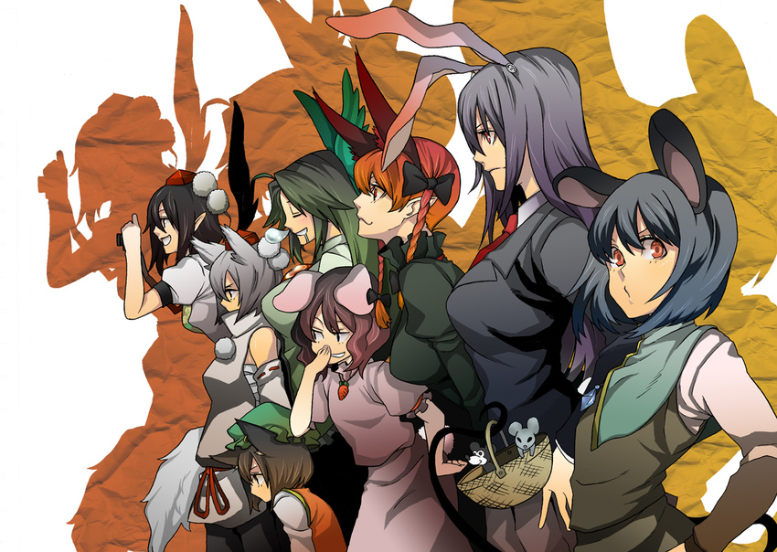 :3 animal_ears bad_id bad_pixiv_id black_hair black_wings blazer bow braid brown_hair bunny_ears camera capelet carrot cat_ears chen covering_mouth drooling extra_ears gradient_hair green_bow green_hair grey_hair hair_bow hat inaba_tewi inubashiri_momiji iro_marimo jacket jewelry kaenbyou_rin looking_at_viewer mickey_mouse mouse mouse_ears multicolored_hair multiple_girls nazrin pendant pointy_ears profile purple_hair red_eyes reisen_udongein_inaba reiuji_utsuho shadow shameimaru_aya sleeping smirk tokin_hat touhou turtleneck twin_braids twintails wings wolf_ears