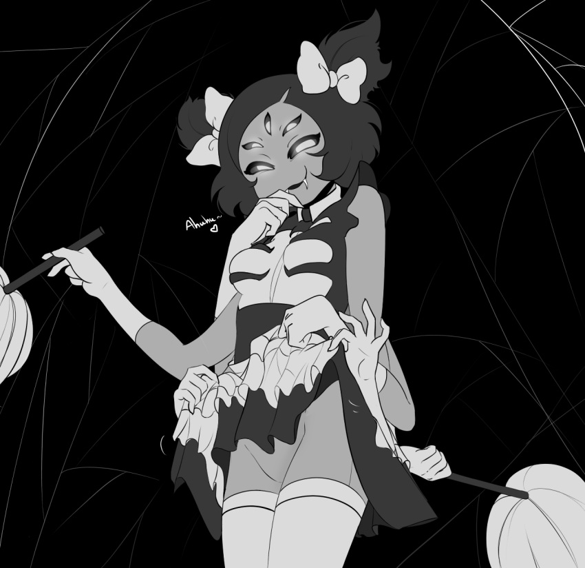 1girl arthropod_girl bangs bare_shoulders black_background bow breasts cleaning_brush clothes_lift cowboy_shot dress dress_lift extra_arms extra_eyes fangs from_below gloves haaru hair_bow heart highres maid monochrome muffet no_panties open_mouth short_hair silk small_breasts solo spider_girl spider_web symbol_commentary thighhighs two_side_up undertale