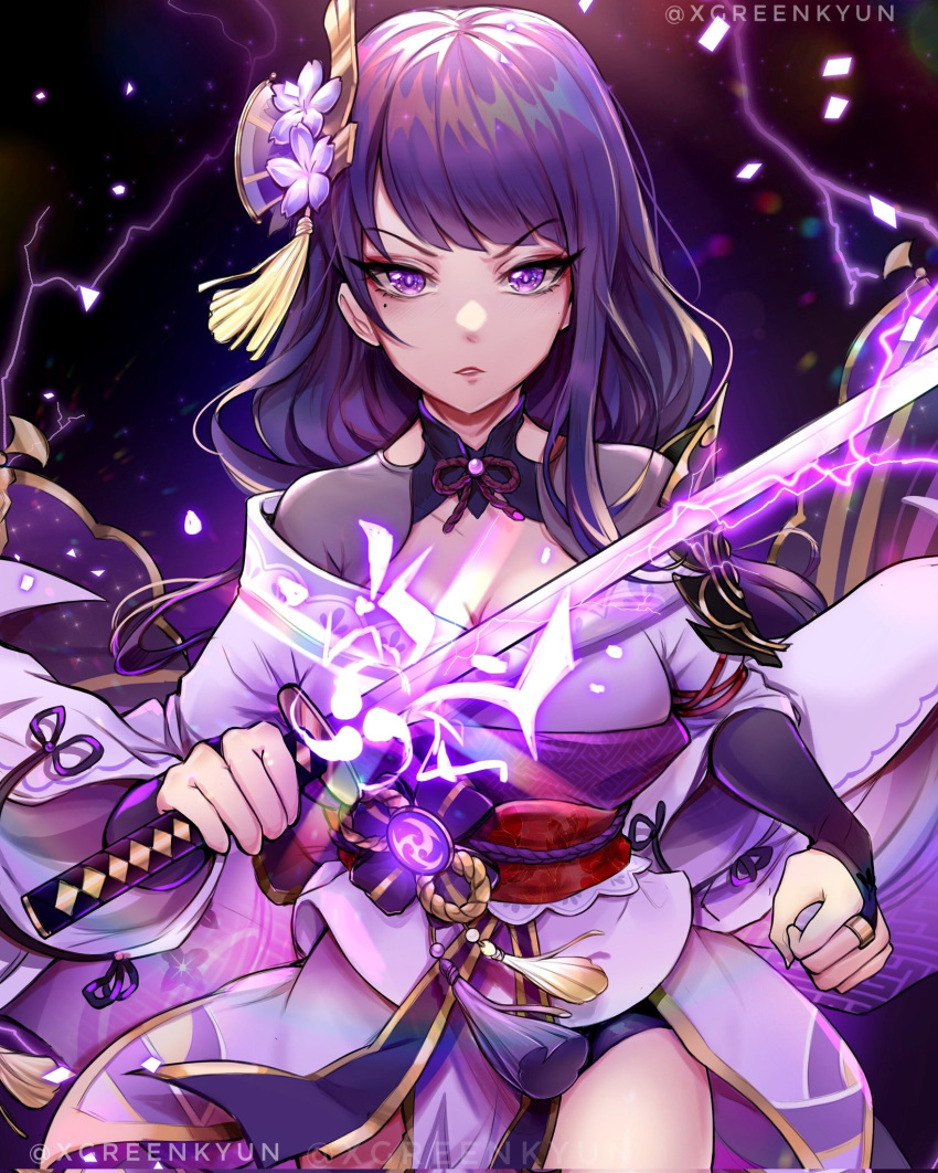 1girl bangs blunt_bangs braid breasts bridal_gauntlets cleavage commentary electricity english_commentary eyebrows_visible_through_hair flower genshin_impact hair_flower hair_ornament highres holding holding_sword holding_weapon japanese_clothes katana kimono large_breasts long_hair looking_at_viewer mole mole_under_eye purple_eyes purple_flower purple_hair raiden_(genshin_impact) ribbon sash solo sword symbol_commentary tassel tomoe_(symbol) twitter_username vision_(genshin_impact) weapon wide_sleeves xgreenkyun