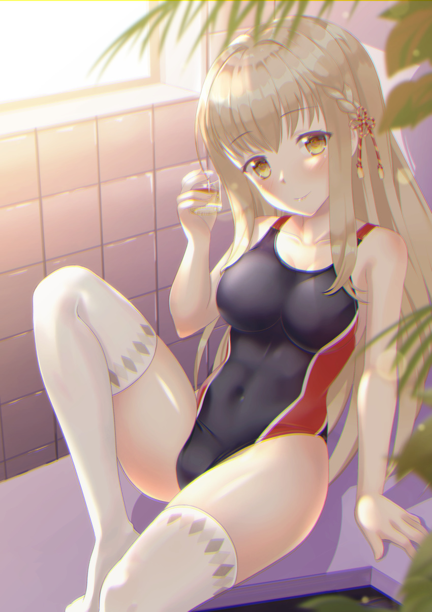 1girl black_swimsuit blonde_hair breasts commentary_request competition_swimsuit covered_navel cowboy_shot glass highres kuuron long_hair looking_at_viewer medium_breasts one-piece_swimsuit onsen_musume sakunami_nichika sitting solo swimsuit thighhighs tile_wall tiles white_legwear window yellow_eyes