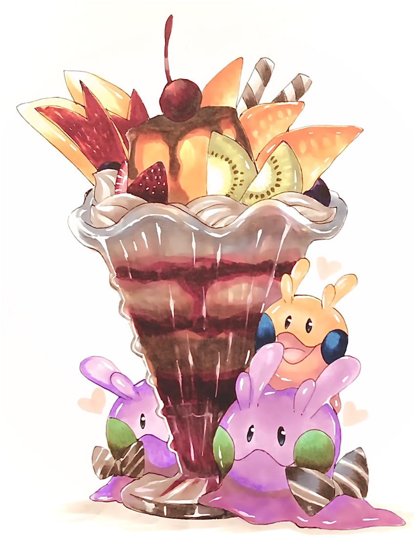 alternate_color animal_focus apple apple_bunny apple_slice blueberry cherry chocolate commentary_request cream cup dessert drinking_glass food food_focus fruit gen_6_pokemon goomy heart highres ice_cream kiwi_slice kiwifruit mango marker_(medium) mofuo pokemon pokemon_(creature) pudding shiny_pokemon simple_background strawberry sundae traditional_media wafer_stick white_background