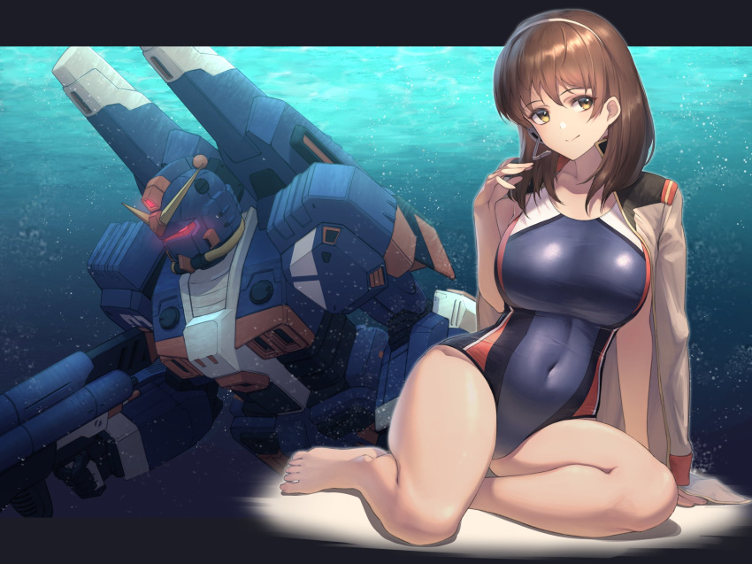 1girl barefoot black_swimsuit breasts brown_eyes brown_hair character_request commentary_request competition_swimsuit covered_navel gundam gundam_lost_war_chronicles highres itaco jacket jacket_on_shoulders large_breasts looking_at_viewer mecha medium_hair military_jacket navel noel_anderson one-piece_swimsuit sitting smile swimsuit yokozuwari