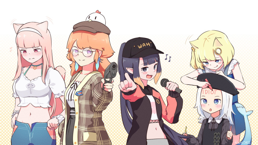 5girls :q animal_ears beret blonde_hair blue_eyes blush closed_mouth commentary english_commentary fish_tail forehead_writing gawr_gura glasses gun hair_ornament hat hat_writing highres holding holding_gun holding_microphone holding_weapon hololive hololive_english microphone midriff monocle_hair_ornament mori_calliope multiple_girls namii_(namialus_m) navel ninomae_ina'nis open_mouth orange_hair pink_hair pointing pointy_ears purple_eyes red_eyes shark_tail split_mouth tail takanashi_kiara tentacle_hair tongue tongue_out virtual_youtuber watson_amelia weapon